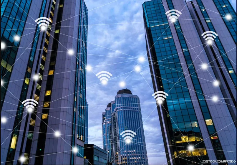 Smart city buildings representing IoT technology innovations